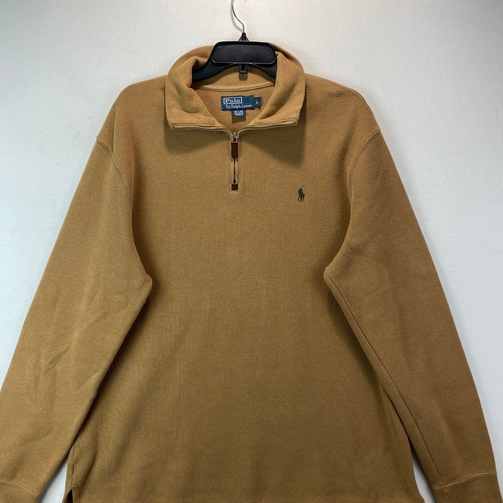 VTG Polo Ralph Lauren 1/4 Zip Pullover Mens L Tan Cotton Embroidered Pony Logo